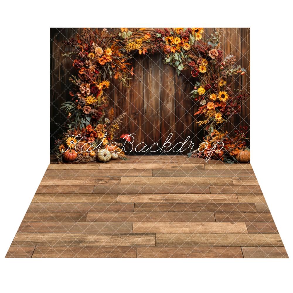 Kate Fall Pumpkin Fine Art Flower Arch Wooden Wall Backdrop+ Brown Woo