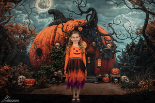 Kate Halloween Night Dark Forest Orange Magical Pumpkin House Printed Backdrop Designed by Emetselch