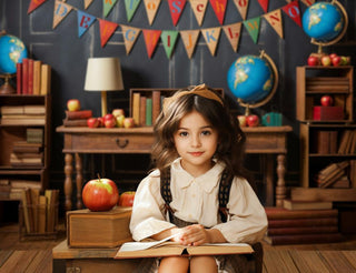 Kate Back to School Globe Books Black Retro Wall Printed Backdrop Designed by Emetselch