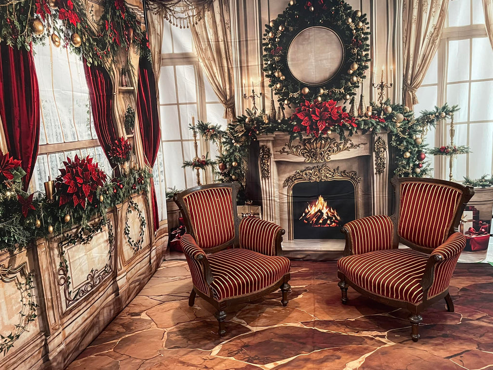Kate Christmas Fireplace Retro Curtain Window Wreath Room Set