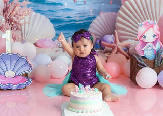 Kate Beach Pink Balloon Arch Purple Curtains Printed Backdrop Designed by Emetselch