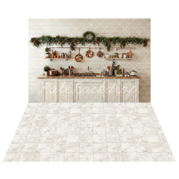Kate Christmas Kitchen White Cabinets Cookware Printed Backdrop+Ivory