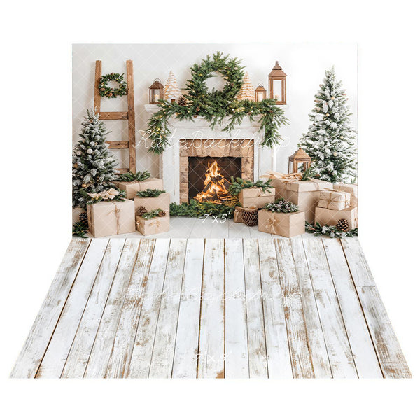 Kate Christmas Tree White Fireplace Gift Box Backdrop+White Retro Wood
