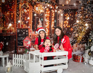 Kate Christmas Tree Street Hot Cocoa Shop Printed Backdrop Designed by Emetselch