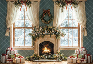 Kate Christmas Fireplace Gifts Window Printed Backdrop Designed by Emetselch