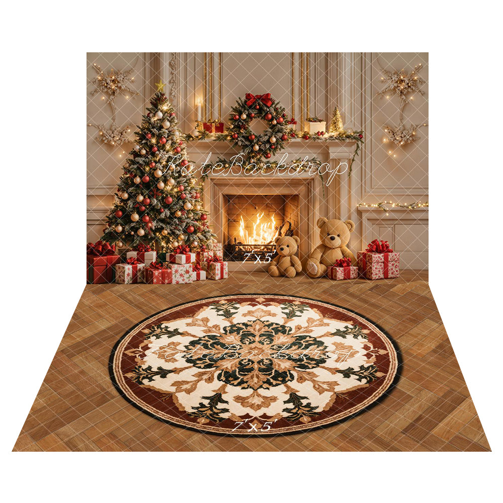 Kate Christmas Tree Fireplace White Retro Wall Backdrop+Round Retro Fl