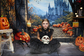 Kate Halloween Arch Maple Castle Pumpkin Printed Backdrop Designed by Emetselch