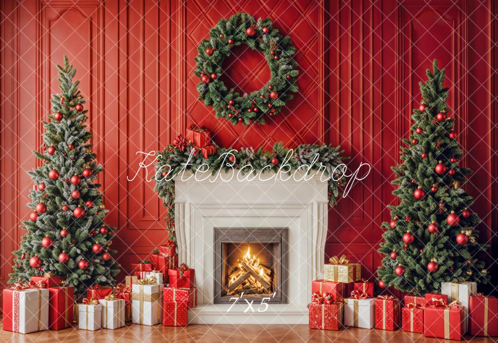 Kate Christmas Trees Fireplace Red Wall Backdrop Designed by Emetselch