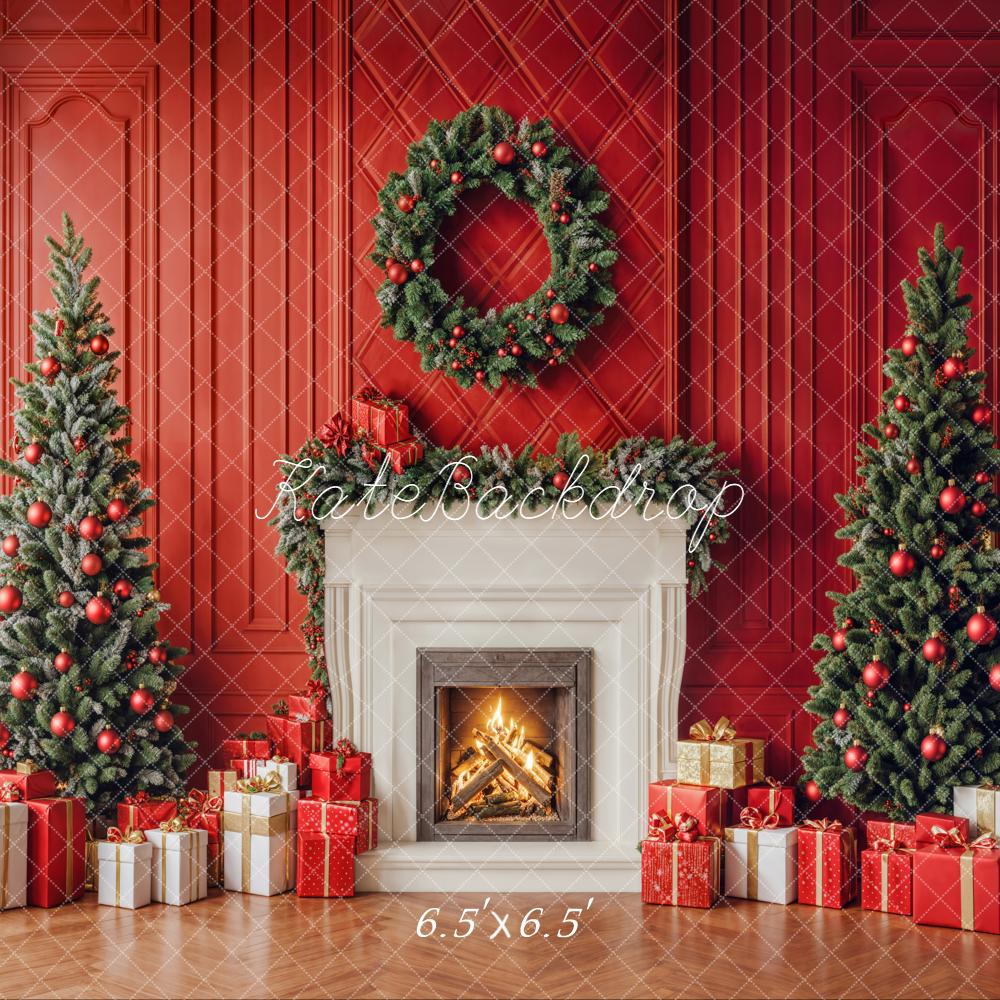Kate Christmas Trees Fireplace Red Wall Backdrop Designed by Emetselch
