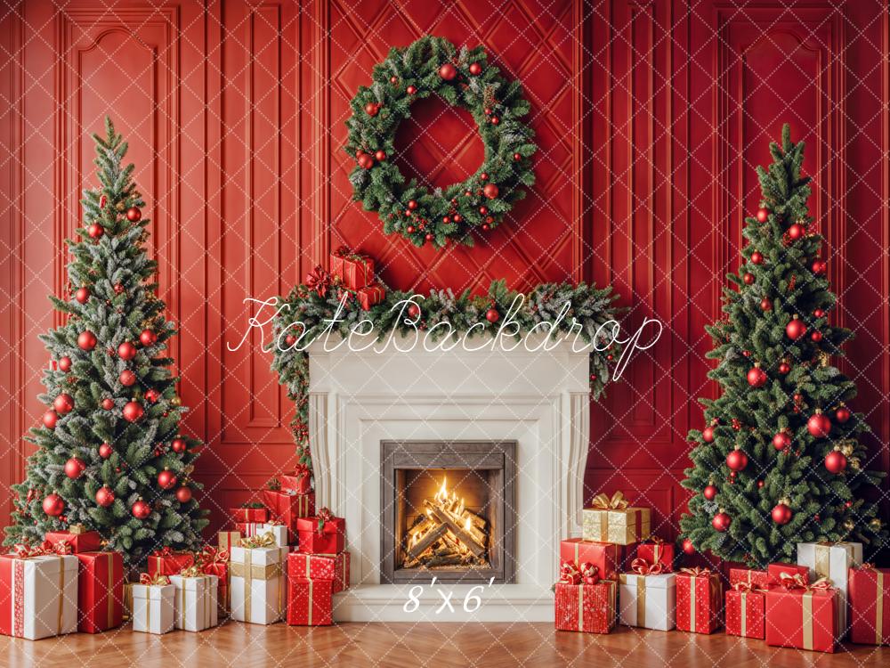 Kate Christmas Trees Fireplace Red Wall Backdrop Designed by Emetselch