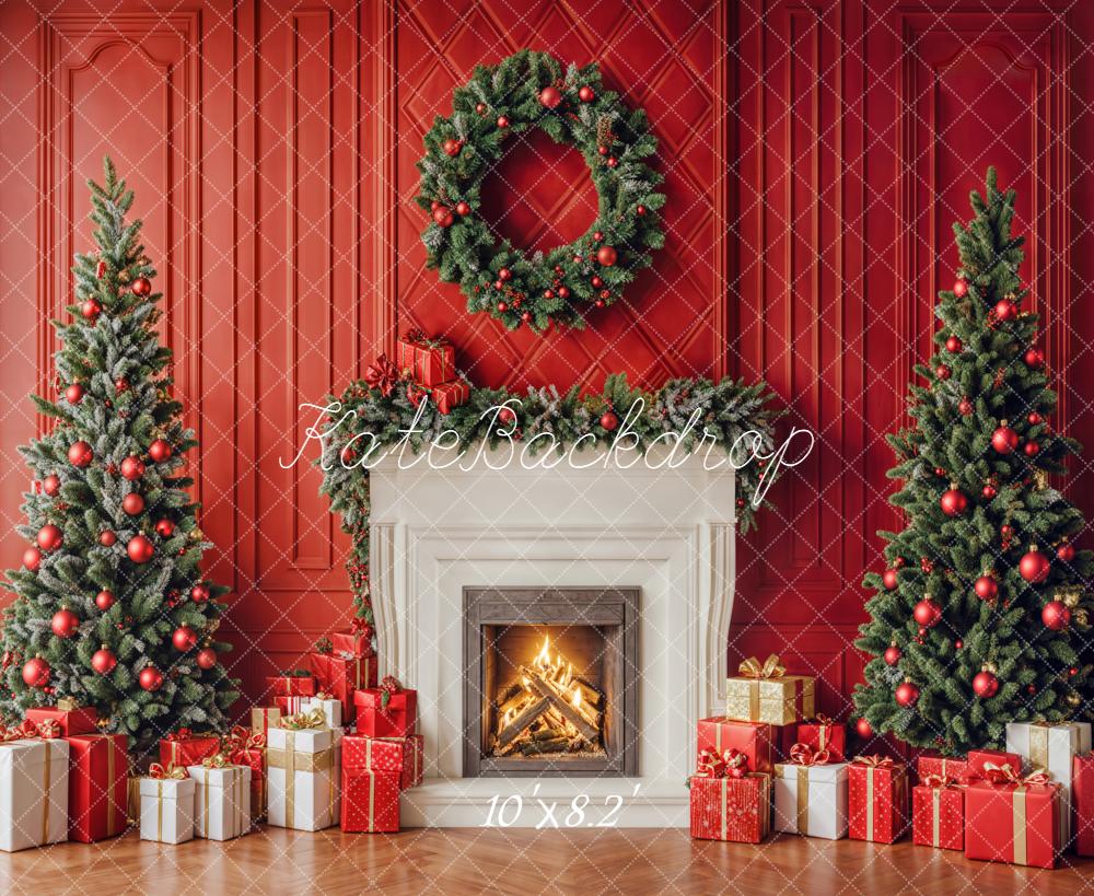 Kate Christmas Trees Fireplace Red Wall Backdrop Designed by Emetselch