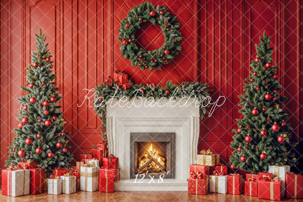 Kate Christmas Trees Fireplace Red Wall Backdrop Designed by Emetselch