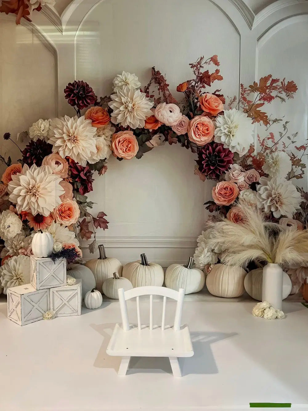 Kate Fall Flower Arch White Pumpkin Backdrop Designed by Patty Roberts
