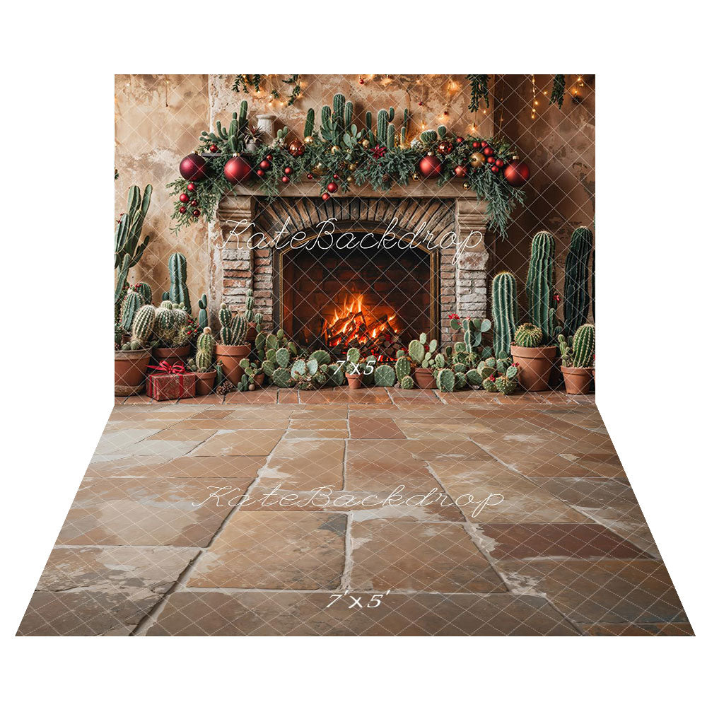 Kate Retro Wall Christmas Cactus Fireplace Backdrop+Vintage Rustic Cobblestone Floor Backdrop
