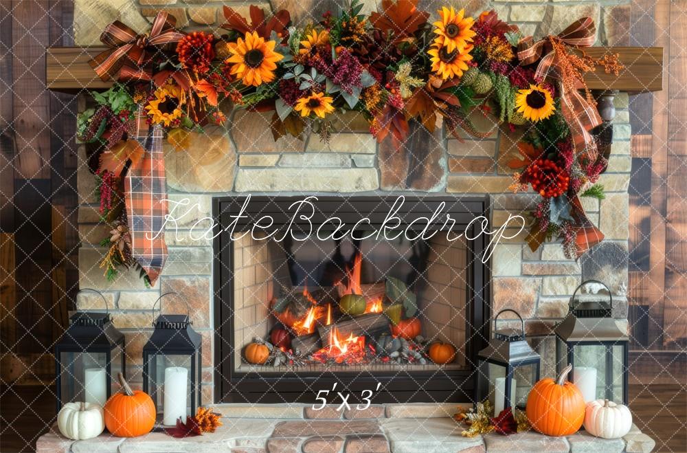 Kate Fall Sunflower Fireplace Brick Wall Backdrop Designed by Mini MakeBelieve