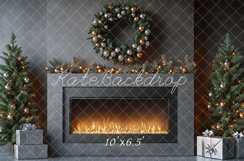 Kate Christmas Luxury Gray Fireplace Backdrop Designed by Mini MakeBelieve