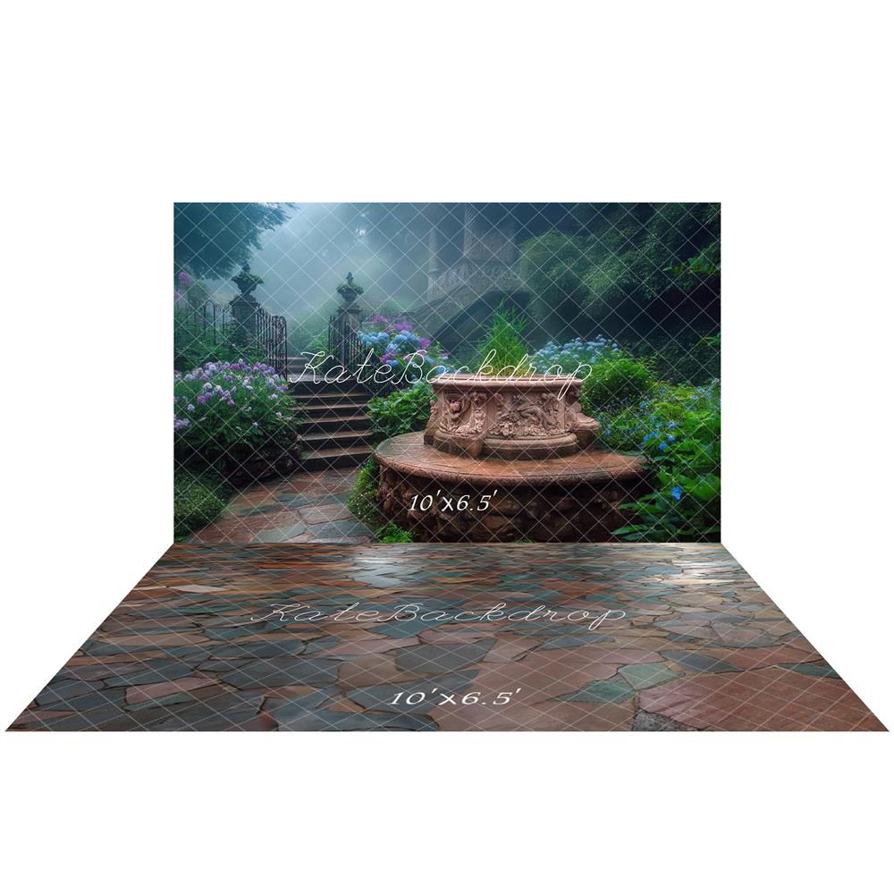 Kate Enchanted Garden Fountain Stairs Backdrop+Multicolor Slate Stone Floor Backdrop