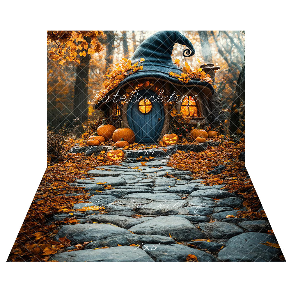 Kate Halloween Pumpkin Witch Hat Cottage Backdrop+Fall Cobblestone Path Floor Backdrop