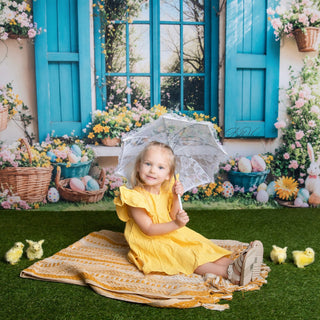 Kate Easter Floral Eggs Blue Window Printed Backdrop Designed by Emetselch