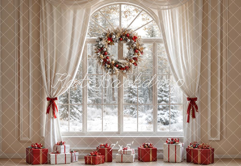 Kerst White Curtain Wreath Window Foto Achtergrond Designed by Emetselch