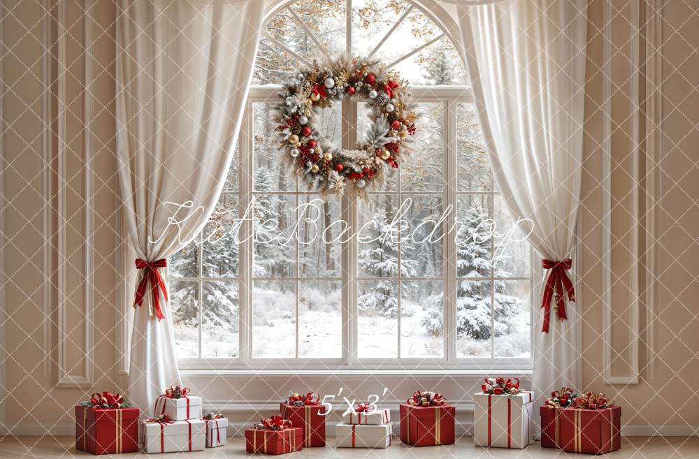 Kerst White Curtain Wreath Window Foto Achtergrond Designed by Emetselch