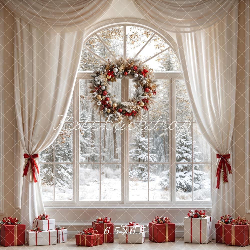 Kerst White Curtain Wreath Window Foto Achtergrond Designed by Emetselch
