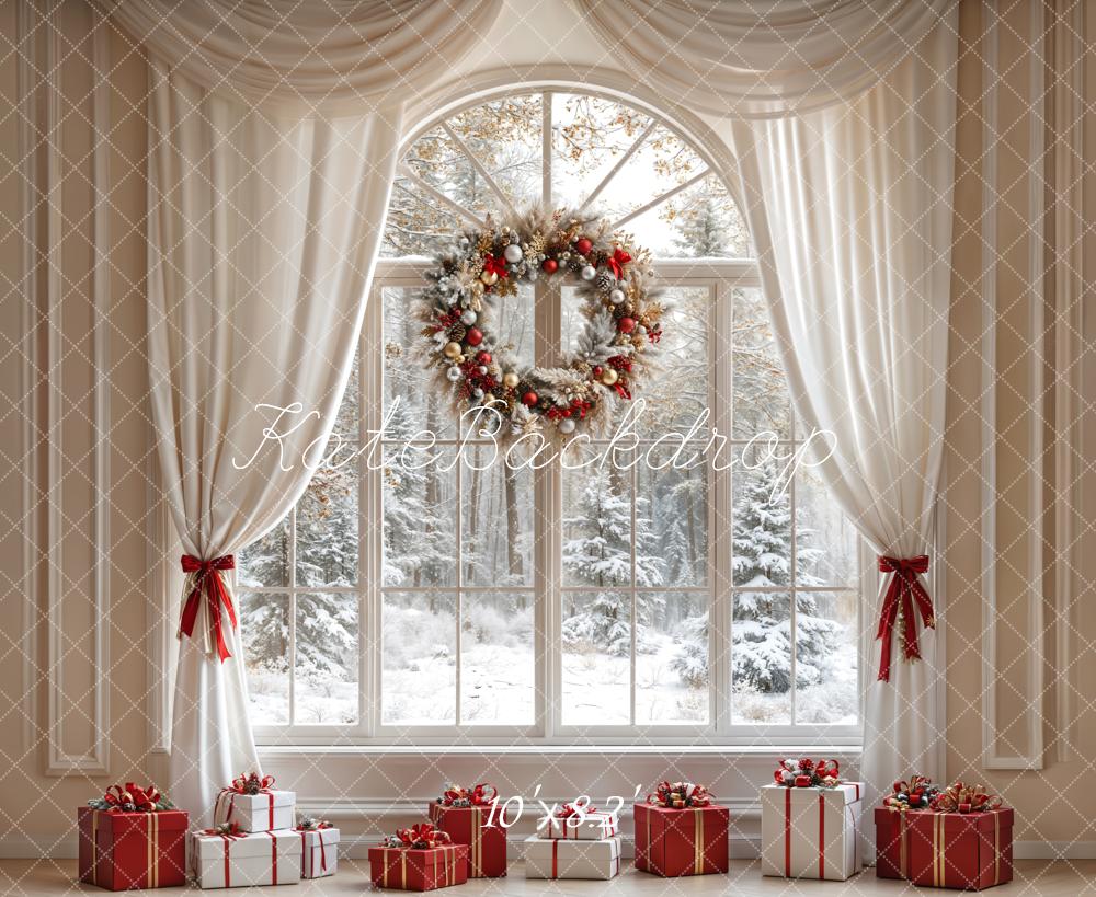 Kerst White Curtain Wreath Window Foto Achtergrond Designed by Emetselch
