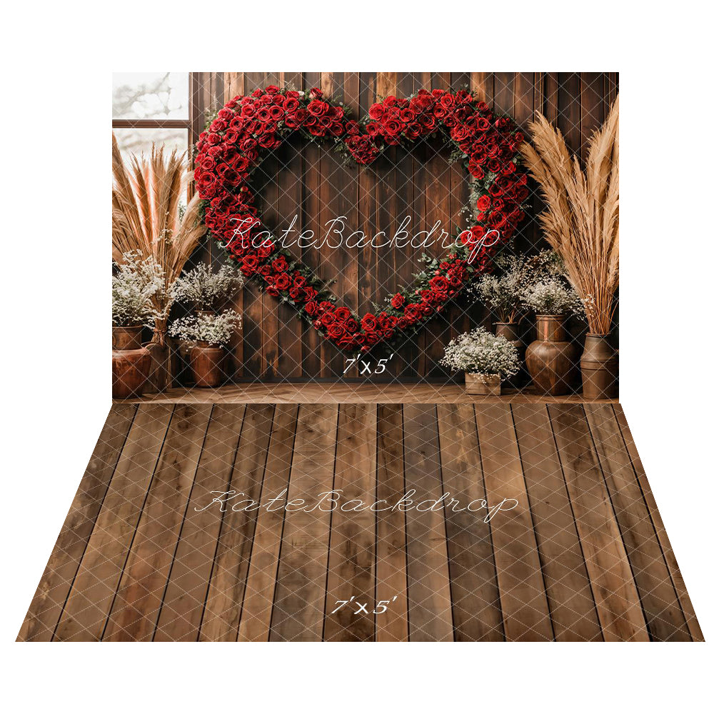 Rustic Heart Red Rose Wooden Backdrop