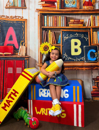 Kate Back to School Bookshelf Blackboard Printed Backdrop Designed by Emetselch