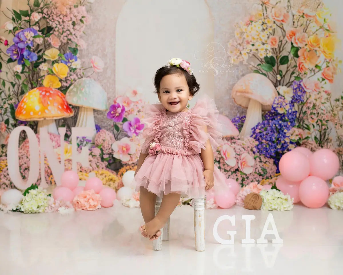 Kate First Birthday Floral Mushroom Arch Backdrop Designed by Emetselch