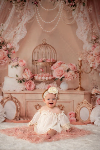 Kate Elegant Pink Floral Lace Birdcage Printed Backdrop Designed by Emetselch