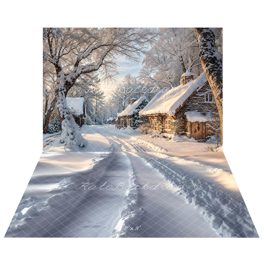 Rustic Winter Cabin Snowy Path Backdrop
