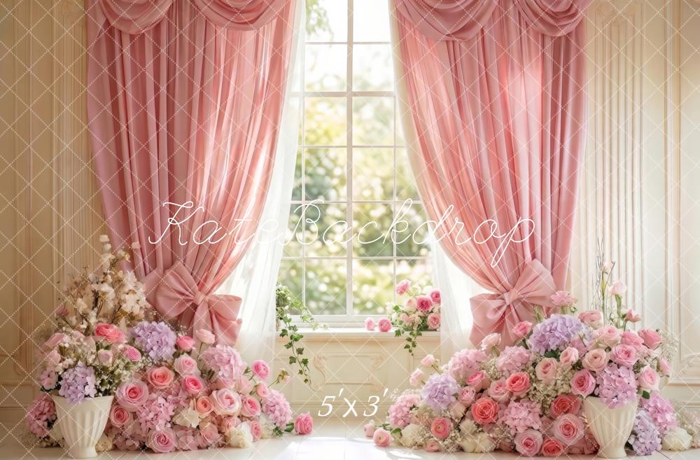 Cortina de Ventana Floral Rosa Romántica Diseñada por Patty Roberts
