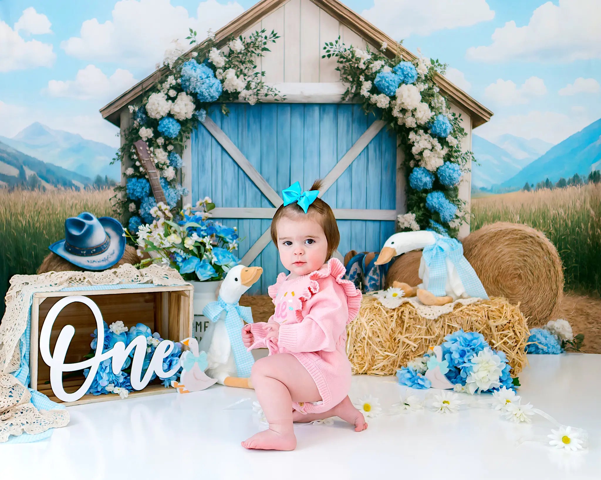 Kate Country Outdoor Barn Floral Cow Printed Backdrop Designed by Ashley Paul