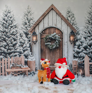 Kate Christmas Winter Cabin Snowy Fence Printed Backdrop Designed by Emetselch