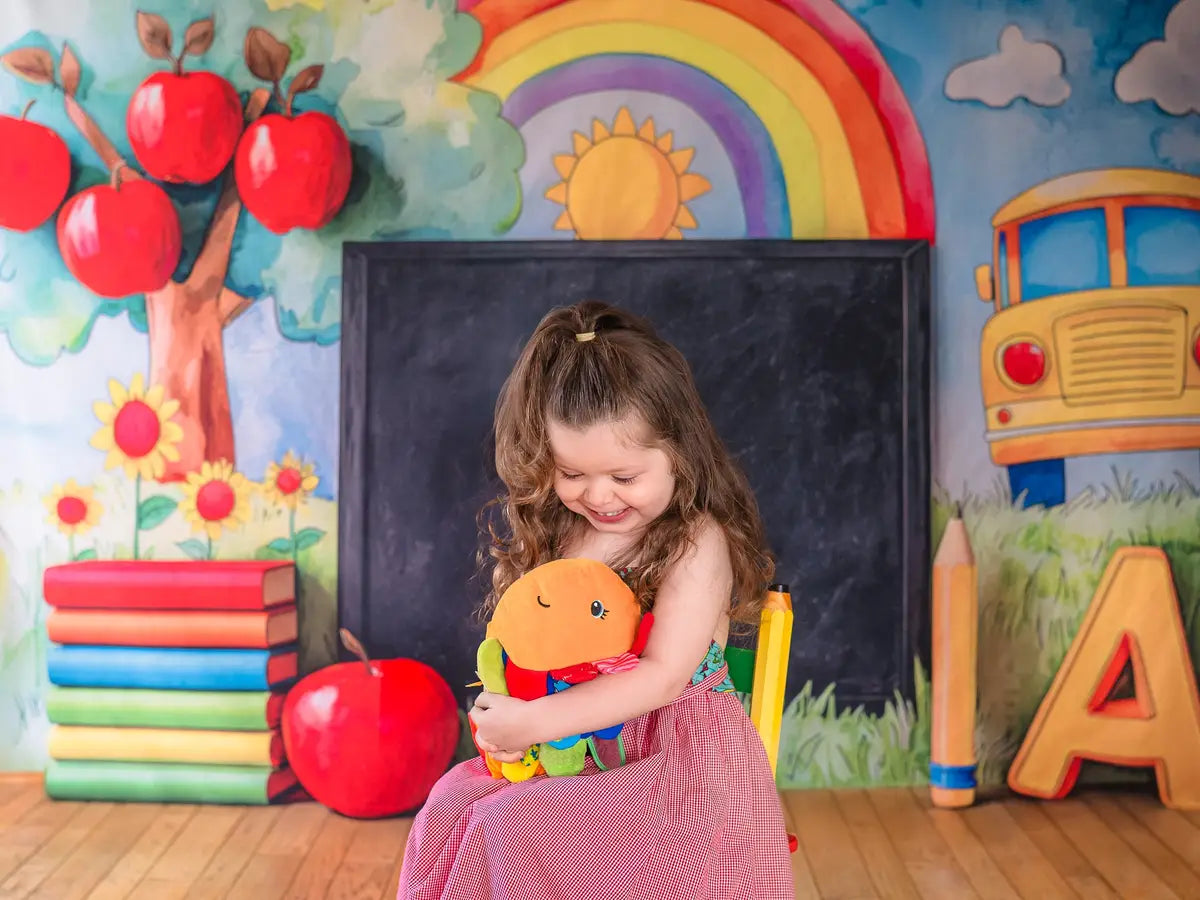 Kate Graduation School Wall Mural Rainbow Sunflower Apple Backdrop Designed by Mini MakeBelieve