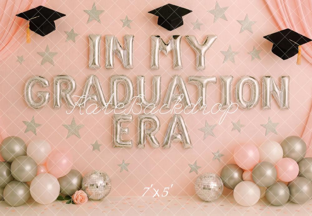 A 7ft x 5ft graduation-themed backdrop with balloons and 'In My Graduation Era' text on a pink background.