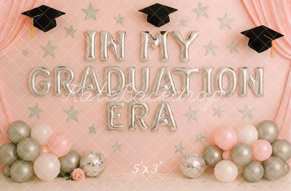 A 5ft x 3ft graduation-themed backdrop with balloons and 'In My Graduation Era' text on a pink background.