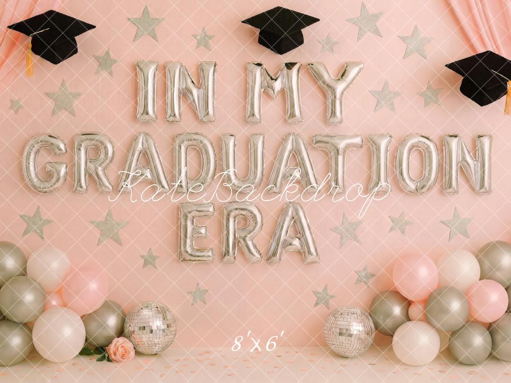 A 8ft x 6ft graduation-themed backdrop with balloons and 'In My Graduation Era' text on a pink background.