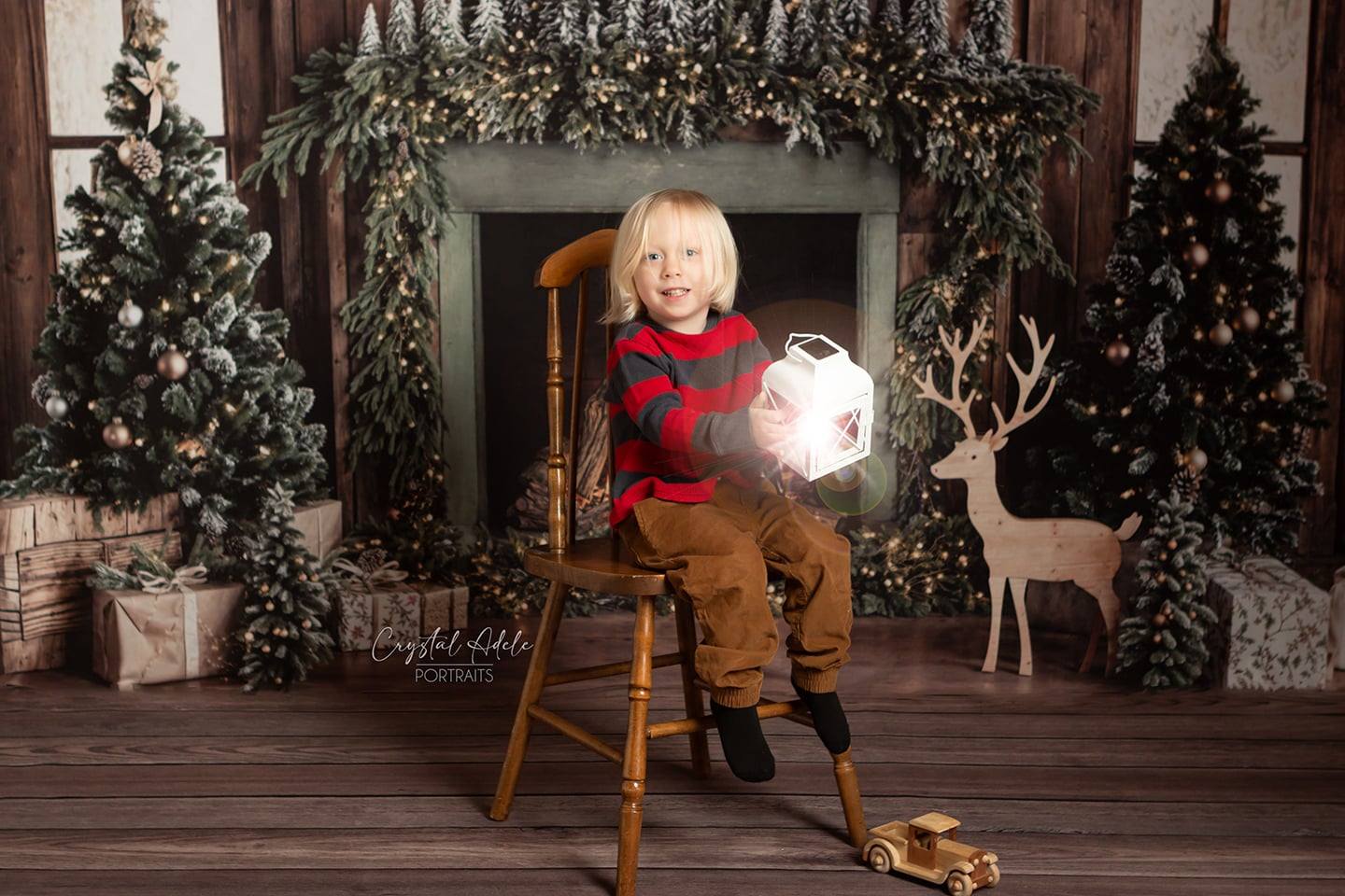 Kate Christmas Tree Wood Fireplace Wreath Deer Backdrop Designed by Emetselch