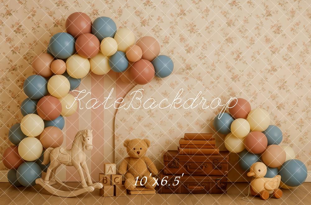 Kate Cake Smash Vintage Teddy Bear Suitcase Balloon Backdrop Designed by Patty Roberts