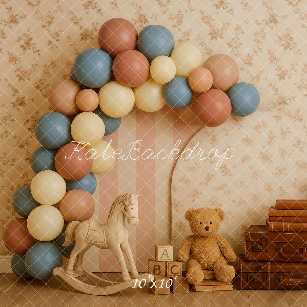 Kate Cake Smash Vintage Teddy Bear Suitcase Balloon Backdrop Designed by Patty Roberts