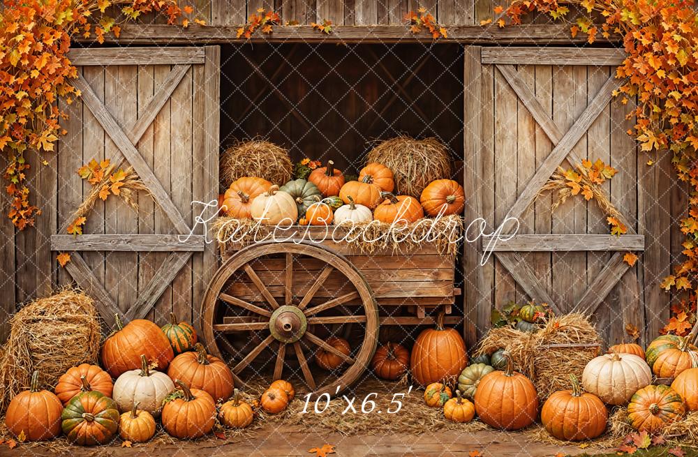 Kate Fall Pumpkins Cart Barn Door Maple Leaves Backdrop Designed by Emetselch