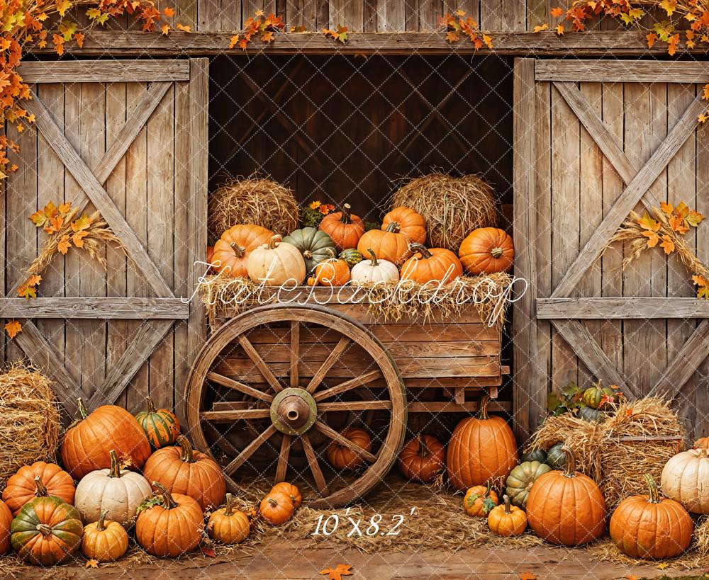 Kate Fall Pumpkins Cart Barn Door Maple Leaves Backdrop Designed by Emetselch