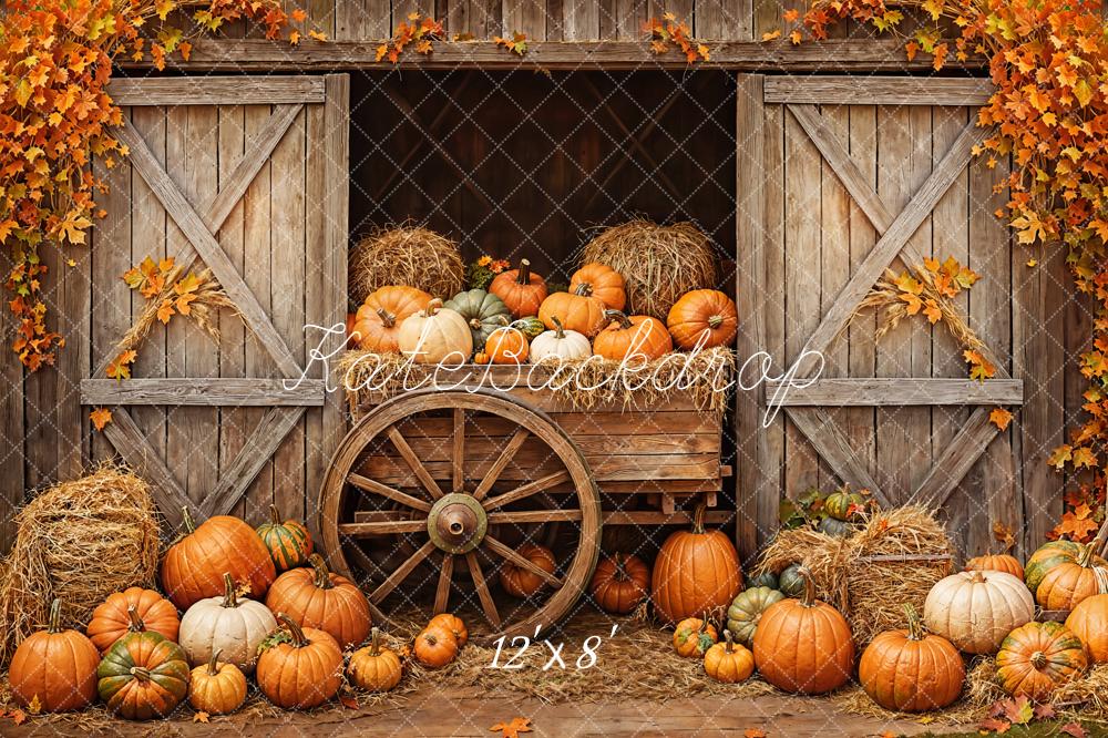Kate Fall Pumpkins Cart Barn Door Maple Leaves Backdrop Designed by Emetselch