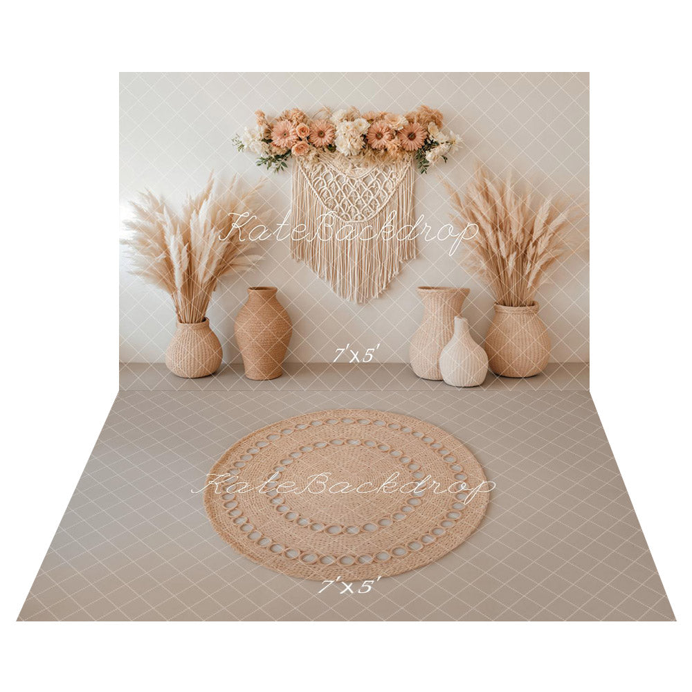 Kate Boho Floral Macrame Pampas Grass Backdrop+Bohemian Straw Circle Floor Backdrop