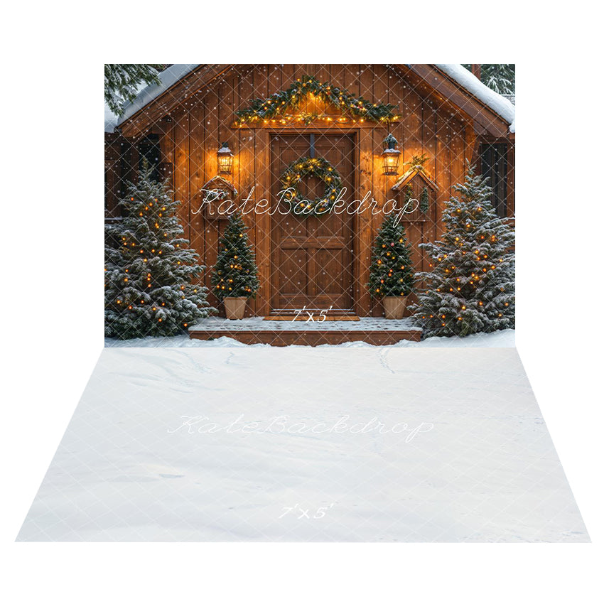 Fondo de Cabaña de Navidad Nevada con Árboles + Fondo de Suelo de Nieve Blanca