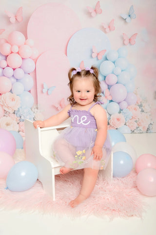 Kate Cake Smash Pastel Balloon Floral Butterfly Printed Backdrop Designed by Ashley Paul