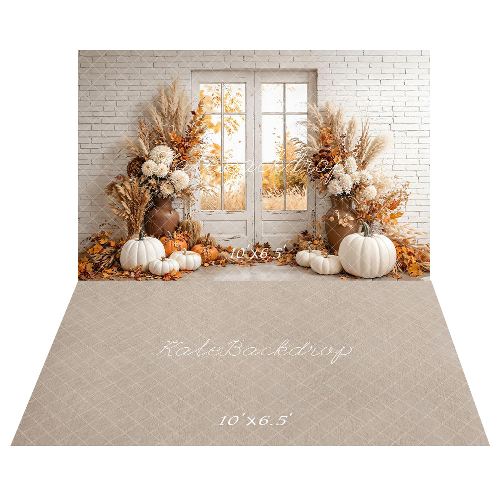 Kate Fall Cozy Pumpkin Floral Window Backdrop+Beige Pattern Abstract Texture Floor Backdrop