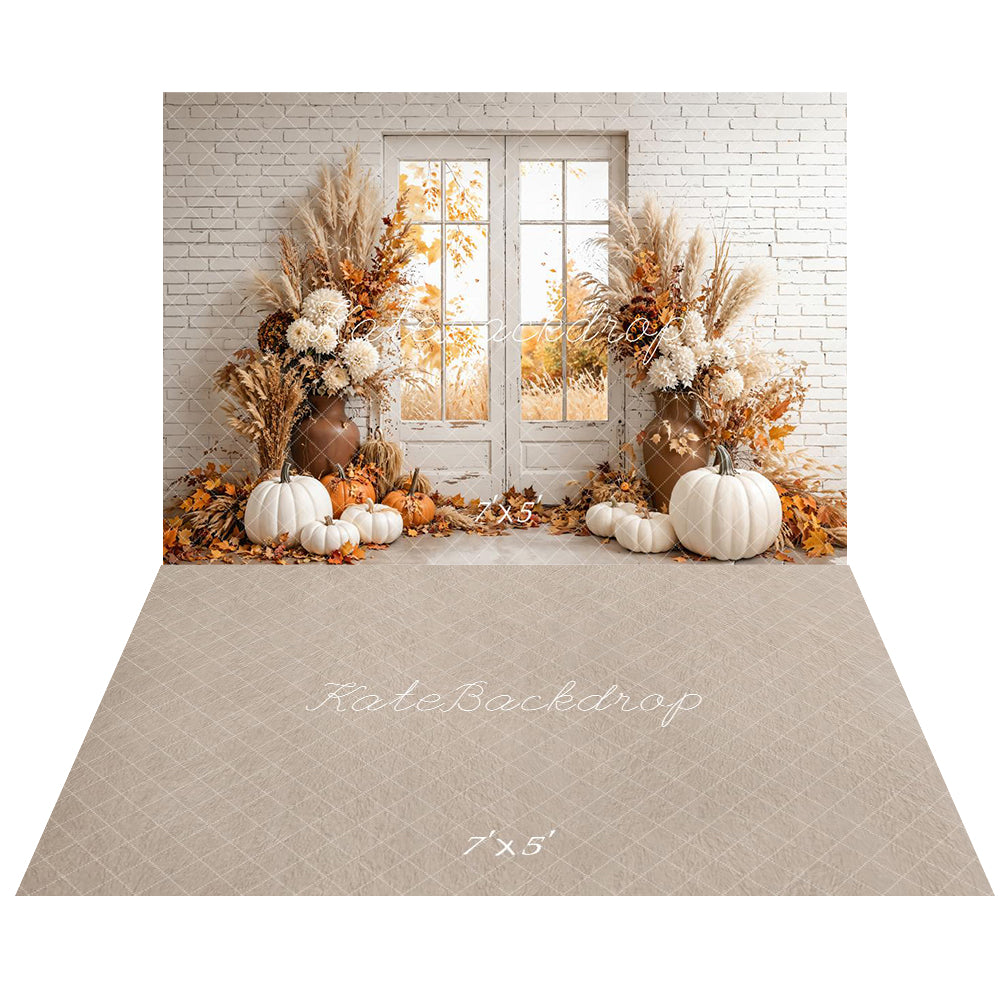 Kate Fall Cozy Pumpkin Floral Window Backdrop+Beige Pattern Abstract Texture Floor Backdrop